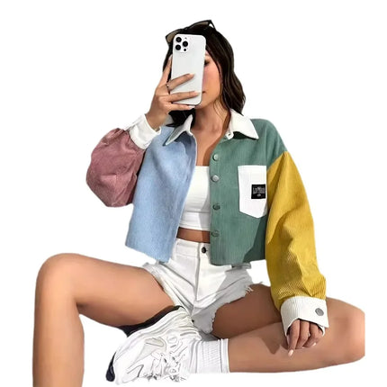 2024 Spring Summer Thin Loose Casual Velvet Color Block Short Jacket Women's Fashion Outerwear Versatile Lightweight Top