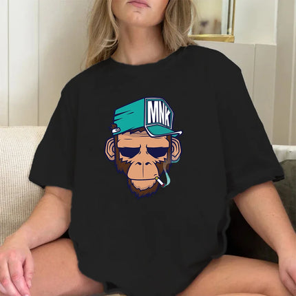 Cotton Tops Smoking Monkey Cartoons Short Sleeve Women Personality Street T-Shirts Loose Oversized Tees Breathable Soft Clothing