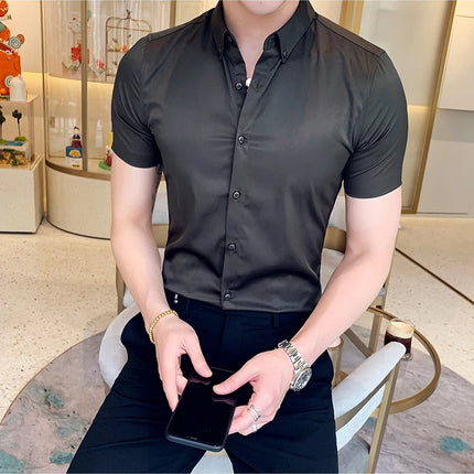 Neckline Embroidery Shirts Men Summer Short Sleeve Slim Fit Casual Shirt Men Solid Color Business Party Dress Shirt Streetwear