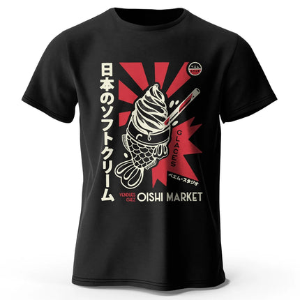 Japanese Foodie Print 100% Cotton T-Shirt, Soft & Breathable Round Neck Short Sleeve Tee, Unisex Cute & Cultural Style