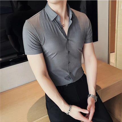 2024 Summer High Elasticity Seamless Short Sleeve Shirts Fashion Stripes Men Business Formal Wear Slim Fit Casual Dress Shirt