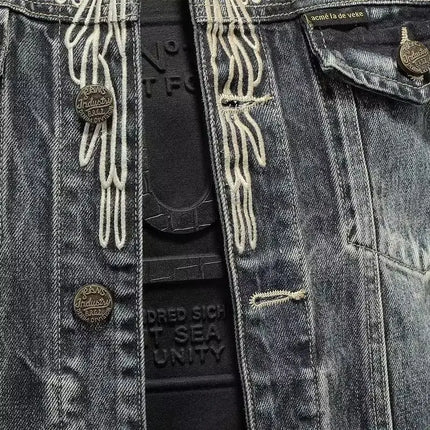 Y2K Retro Denim Jacket High Street Trendy Embroidered Lapel Motorcycle Jacket Loose Casual Fashion Versatile Men's Clothing