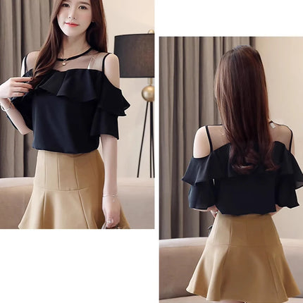 Mesh Chiffon Bluse Sommer Kurzarm Rüschen Tops Sexy Off Shoulder Shirt