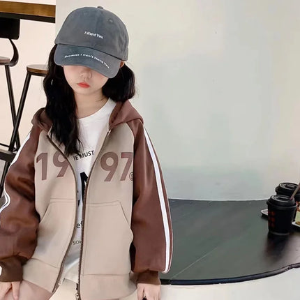 Spring Autumn Girls Cotton Contrast Striped Zip Sweatshirt Jacket School Kids Track Hoodie Child Work Jumper Coat Tops 3-16Years