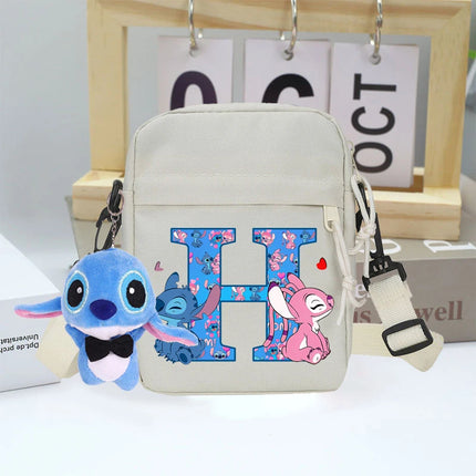 Disney Stitch Canvas Shoulder Bags with Doll Cartoon Letter A-Z Printed Fashion Handbag Multi Pocket Zipper Crossbody Bag Gifts