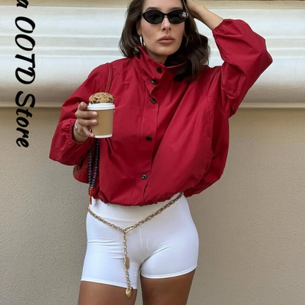 Casual Red Zipper Short Bomber Jacket Women Stand Collar Full Sleeve Button Pocket Coat 2025 Autumn Lady Chic Street Outwear New