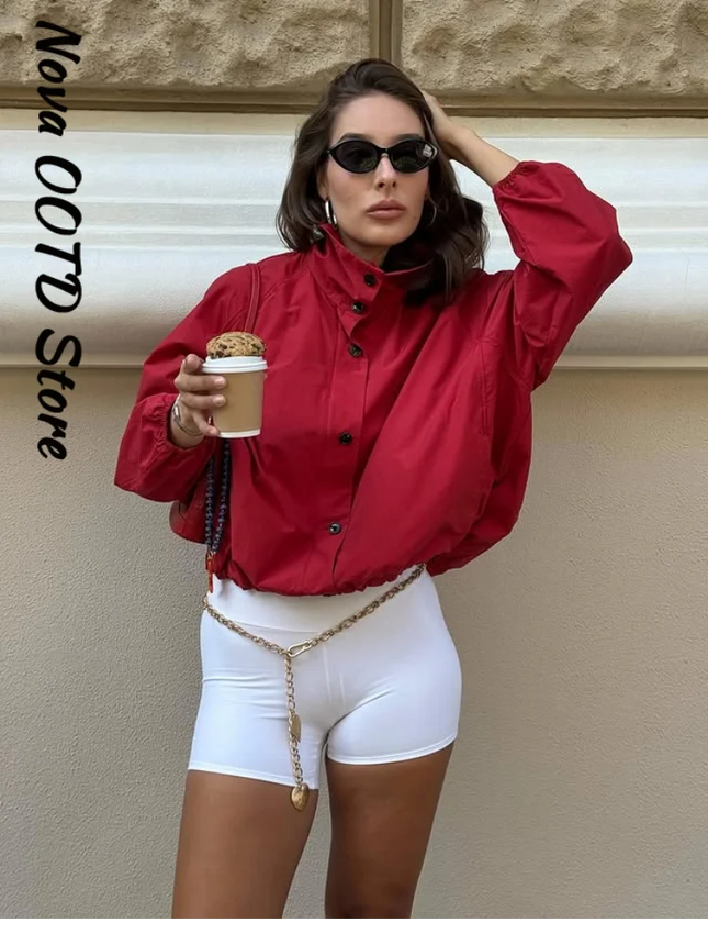 Casual Red Zipper Short Bomber Jacket Women Stand Collar Full Sleeve Button Pocket Coat 2025 Autumn Lady Chic Street Outwear New