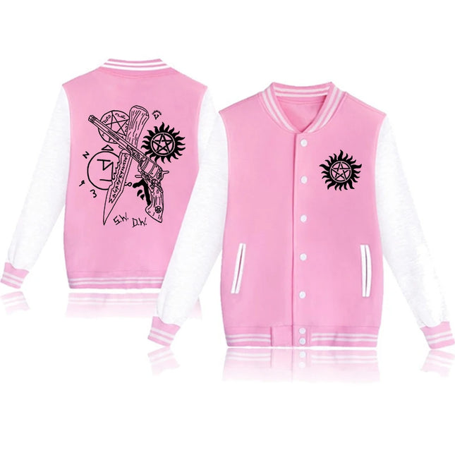 New Supernatural Print Baseball Jacket Women Men Casual Loose Jacket Autumn Winter Sweatshirt Long Sleeve Jersey Tops