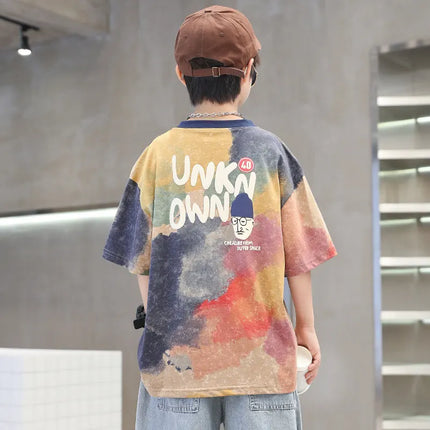 Summer Tie-Dye Cool Kids Boy Casual Tops Print Trendy Children's T-shirt Short Sleeve Teenager Tees Cotton Tshirt 4-14 Years Old