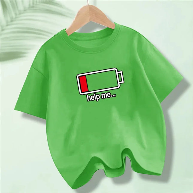 Battery Energy Low Help Me Printed T-Shirt For Boys Harajuku Funny T Shirt Kids Cotton Summer Tops Tee