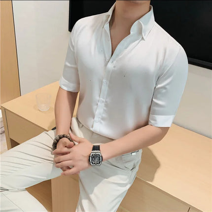 Summer New Powder Shiny Shirts Fashion Men's V-neck Half Sleeve Slim Fit Casual Shirts Social Personality  Top Club Outfits