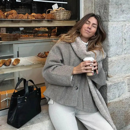 Chic Single Breasted V-neck Oversized Jackets Women's Fashion Solid Long Sleeve Warm Woolen Coats 2024 Lady Casual Streetwear