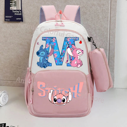 Disney Stitch Backpack with Pencil Bag for Students Anime High-capacity Schoolbag Boys Girls Letter A-Z Printed Backpacks Gifts