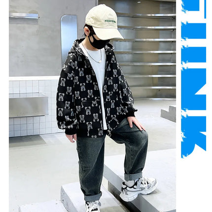 Spring Autumn Boys All-Over Printed Zip Sweatshirt Jackets School Kids Track Hoodie Coat Child Outfit Tops Workout Jumper 3-14Yr