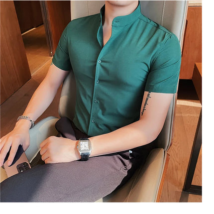 Men's Summer Fashion Stand Collar Business Casual Short Sleeve Shirt Luxury Slim Fit Solid Dress Shirt Brand Men Clothes 5XL-M