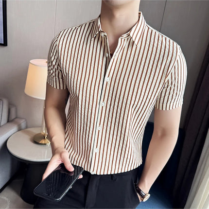 2025 Summer Fashion Vertical Striped Shirts Luxury Men's Short Sleeved Slim Fit Casual Pleated Business Shirt Men Clothing 4XL-M
