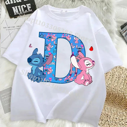 Disney Stitch T-shirts for Women Men Anime Letter A-Z Printed Short Sleeved Shirt Female Male Summer Fashion Top Adults Clothes