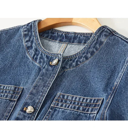 SENTUBILA Pure Cotton Denim Jacket Women 2025 Spring Autumn Outerwear Round Neck Pockets Cropped Jeans Coat Womans W41W53402