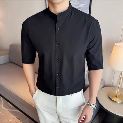 High Quality Chinese Style Stand Up Neck Shirt Men's Summer Mid Sleeved Slim Fit Casual Social Business Blouse Homme 4XL-M