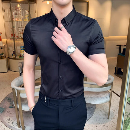 Neckline Embroidery Shirts Men Summer Short Sleeve Slim Fit Casual Shirt Men Solid Color Business Party Dress Shirt Streetwear
