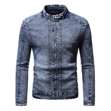 Blue Standing Collar Denim Jacket Men's, Fashion Casual Jacket, Black Gray Overcoat Male Outerwear M L XL XXL XXXL