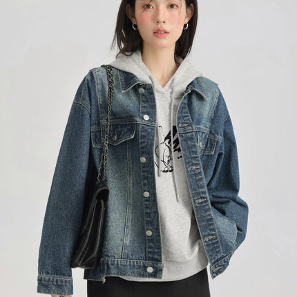 Women Retro Washed Denim Jacket Spring 2025 Oversized Drop Shoulder Loose Fit Casual Fashionable Lapel Collar Chic Jean Coat