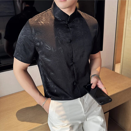 2024 Summer Chinese Style Standing Collar Shirts For Men Fashion Print Short Sleeve Slim Fit Casual Social Party Tuxedo 4XL-M
