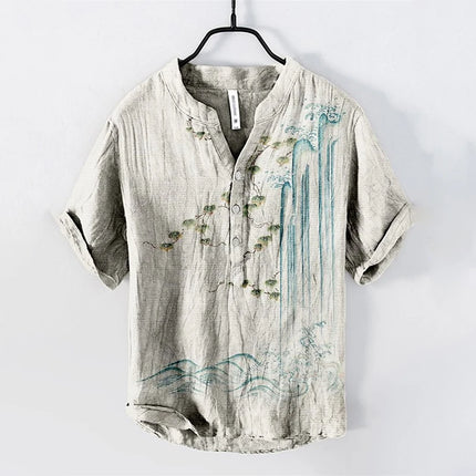 Men's Summer V-neck Henley Short Sleeve Shirt Men's Casual Shirt Moon View Moonlight 3D Printed Short Sleeve Linen T-Shirt Top