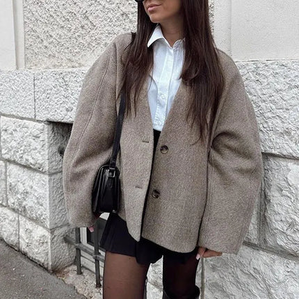 Chic Single Breasted V-neck Oversized Jackets Women's Fashion Solid Long Sleeve Warm Woolen Coats 2024 Lady Casual Streetwear
