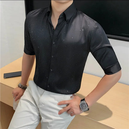 Summer New Powder Shiny Shirts Fashion Men's V-neck Half Sleeve Slim Fit Casual Shirts Social Personality  Top Club Outfits