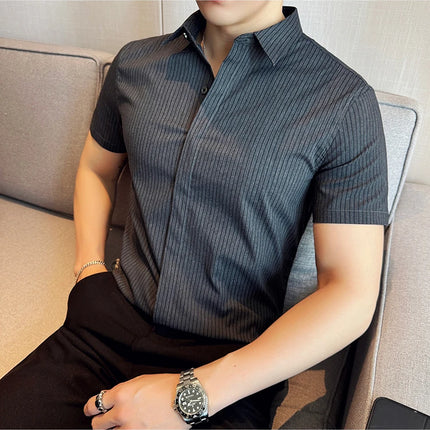 2024 Summer Fashion Vertical Striped Shirts Luxury Men's Hidden Button Short Sleeved Slim Fit Casual Business Shirt Men Clothing