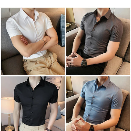 2025 Summer Ice Silk Seamless Shirt High Quality Silky Smooth Short Sleeve Slim Casual Business Tuxedo Shirts Mens Clothing 4XL