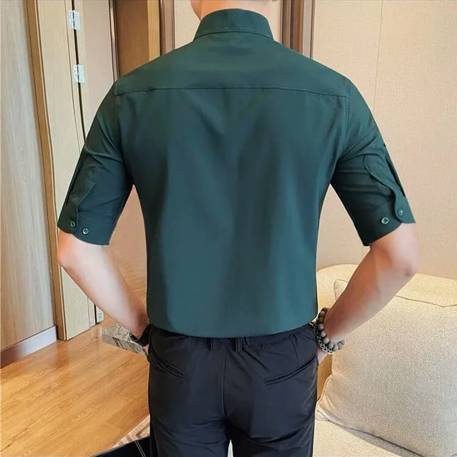 Summer New Standing Collar Half Sleeve Shirts For Men Invisible Button Up Design Slim Casual Business Social Shirt Club Outfits
