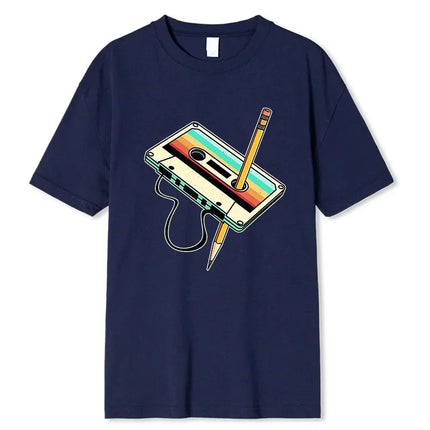 Men Short Sleeve 80s Cassette Tape Pencil 1980s Retro Vintage Throwback Music T-Shirt Women Clothing Vintage T Shirt Camisetas
