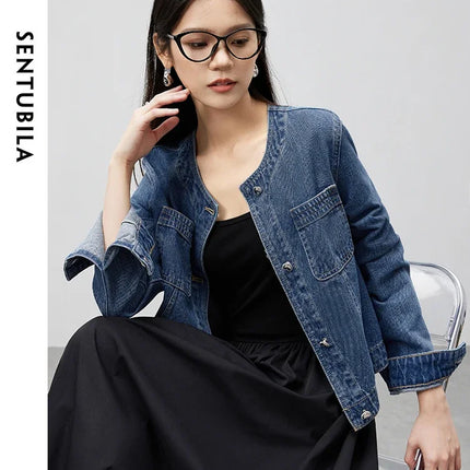 SENTUBILA Pure Cotton Denim Jacket Women 2025 Spring Autumn Outerwear Round Neck Pockets Cropped Jeans Coat Womans W41W53402