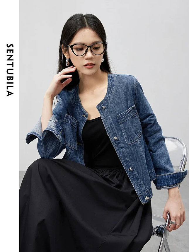 SENTUBILA Pure Cotton Denim Jacket Women 2025 Spring Autumn Outerwear Round Neck Pockets Cropped Jeans Coat Womans W41W53402