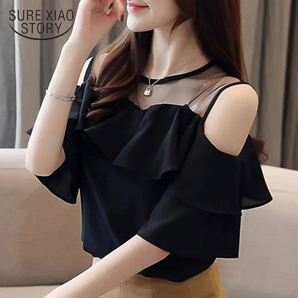Mesh Chiffon Bluse Sommer Kurzarm Rüschen Tops Sexy Off Shoulder Shirt