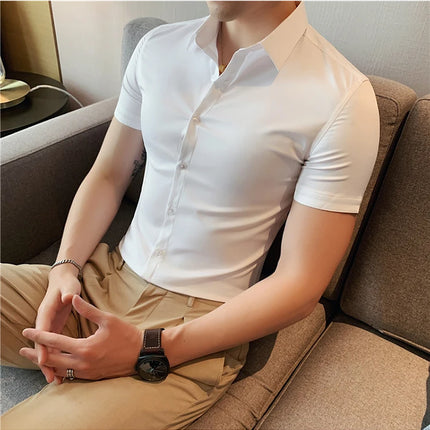 2025 Summer Ice Silk Seamless Shirt High Quality Silky Smooth Short Sleeve Slim Casual Business Tuxedo Shirts Mens Clothing 4XL