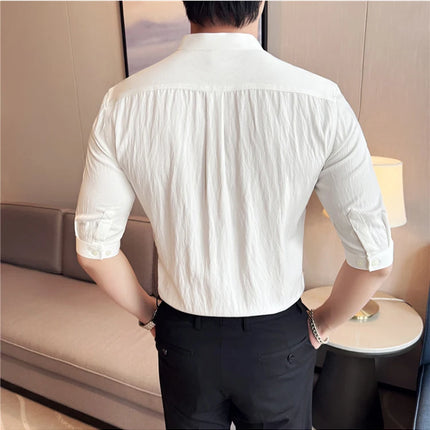 Summer New Chinese Style Stand Up Collar Shirt High Quality Slim Fit Half Sleeved Casual Social Party Shirt Men's Clothing 4XL-M