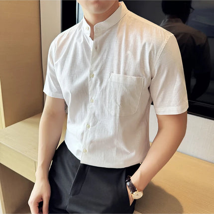 Summer New Chinese Style Linen Cotton Shirts Men's Standing Collar Short Sleeved Thin Breathable Shirt Tops Streetwear 4XL-M