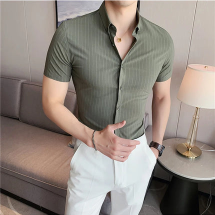 High Quality Pinstripe Casual Shirts  For Men 2024 Summer Slim Fit Business Social Elastic Social Party Shirt Plus Size 4XL-M
