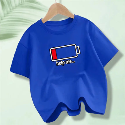 Battery Energy Low Help Me Printed T-Shirt For Boys Harajuku Funny T Shirt Kids Cotton Summer Tops Tee
