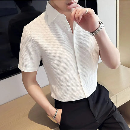 2023 Summer Waffle Short Sleeved Shirt Men Fashion Casual Solid Color Lapel Loose Shirt Male Korean Social Business Dress Blouse