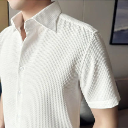 2023 Summer Waffle Short Sleeved Shirt Men Fashion Casual Solid Color Lapel Loose Shirt Male Korean Social Business Dress Blouse