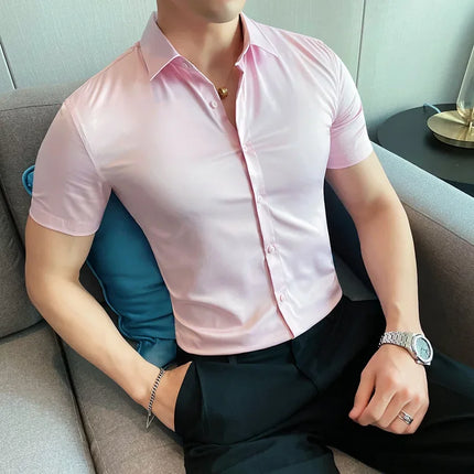 2025 Summer Solid Slim Fit Shirt High Quality Men Business Casual Short Sleeved Social Party Shirts Men Clothing Plus Size 5XL-M