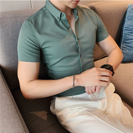 Plus Size 4XL-M Summer Mens Dark Striped Shirts Short Sleeve Fashion 2022 Korean Slim Fit Casual Business Formal Wear Blouse
