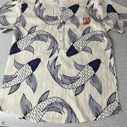 Bamboo Linen Hawaiian Shirt Tropical Style 3D Digital Printing Pine Tree Pattern Men's Short Sleeve Stand Collar Shirt