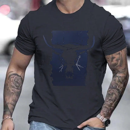 Summer men's 100% pure cotton casual loose plus size Western bull head pattern printed round neck short sleeved T-shirt top