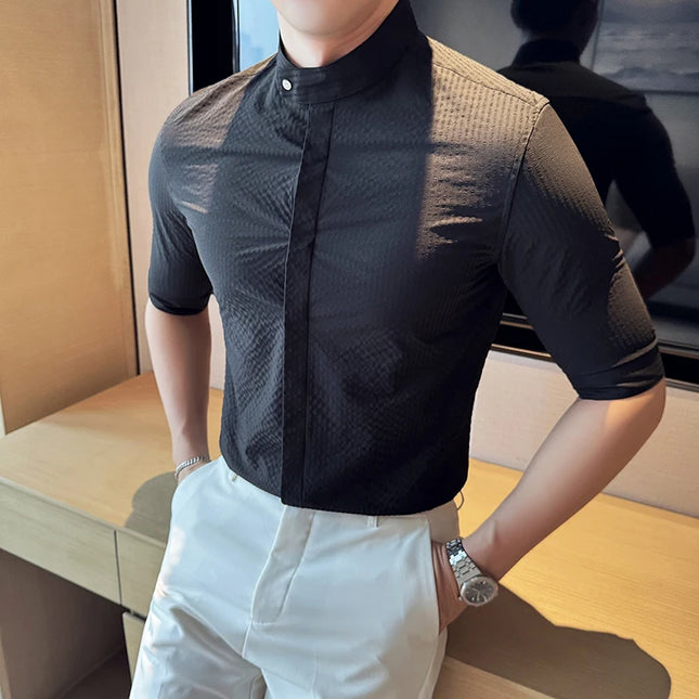 New Chinese Style Stand Up Collar Slim Fit Half Sleeved Shirts Men High Quality Striped Elegant Shirt Summer Social Party Dress