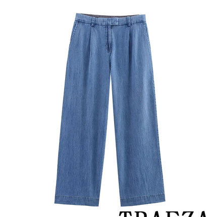 TRAFZA Vintage Casual Chic Women Cowboy Suit Single Breasted Loose Jackets Long Pants Fashion 2025 Spring Summer Denim Suits